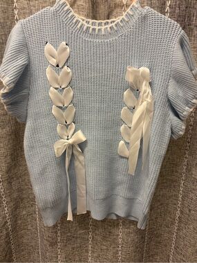 Main Strip Light Blue Crewneck Sweater with White Ribbon Braid